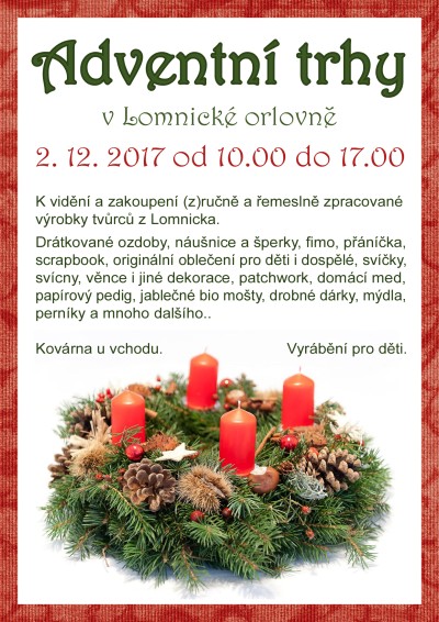 Nejen řemeslné výrobky pořídíte na adventním trhu v Lomnické orlovně