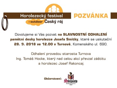 V rámci horolezeckého festivalu odhalí desku Josefa Smítky