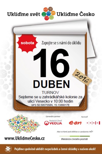 Akce Ukliďme Česko se koná v roce 2016 i v Turnově