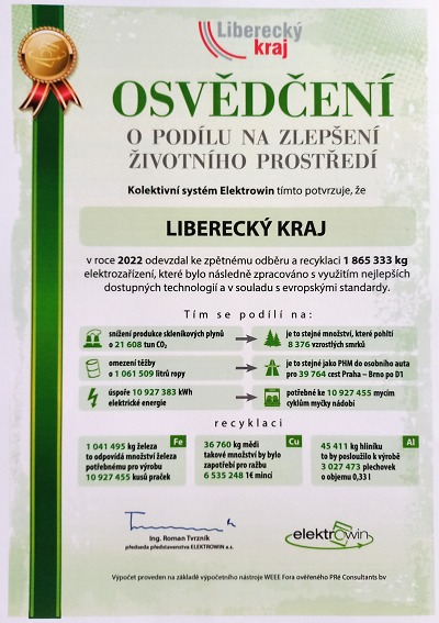 Liberecký kraj obdržel ocenění za sběr a recyklaci elektrozařízení