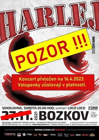 Koncert Harlej v Bozkově přeložen na jaro 2022