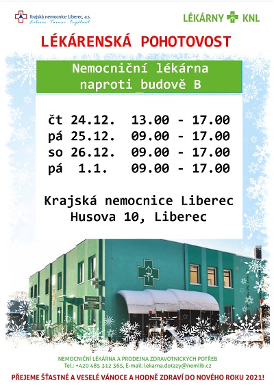 Lékárenská pohotovost o Vánocích bude fungovat v liberecké nemocnici 