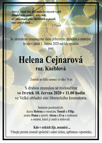 Navždy odešla liberecká výtvarnice Helena Cejnarová