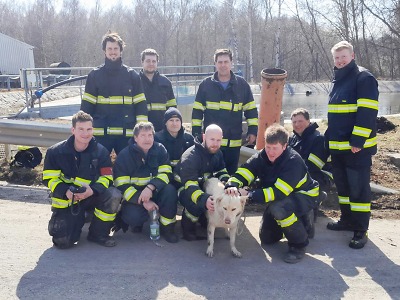 Hasiči zachraňovali v Košťálově psa, který spadl do požární nádrže