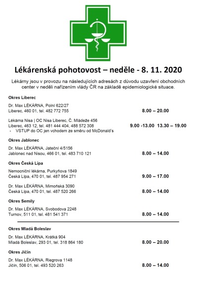 Vybrané lékárny v kraji budou mít opět otevřeno i v neděli 8. listopadu