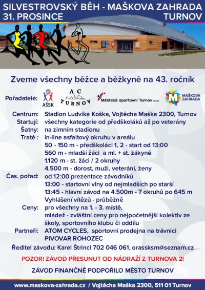 Silvestrovský běh v Turnově poprvé přesunut do Maškovy zahrady