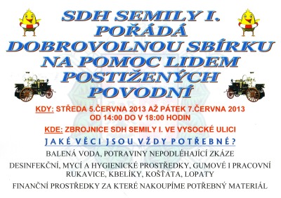 Semilští dobrovolní hasiči pořádají sbírku na pomoc postiženým povodní