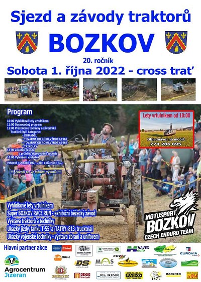 Jubilejní 20. ročník sjezdu traktorů pořádají v Bozkově